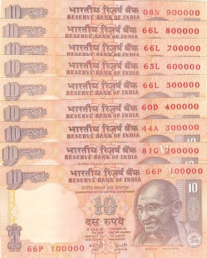 India - 10 Rupee - P-89 - 100,000 thru 900,000 - Set of 9